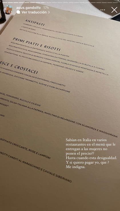La denuncia de Agustina Gandolfo sobre los restaurantes italianos