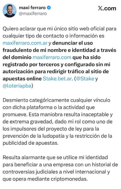 La denuncia de Maximiliano Ferraro