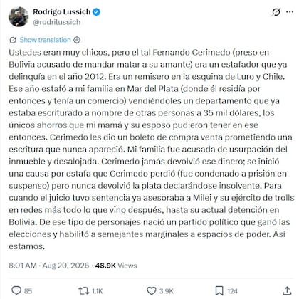 La denuncia de Rodrigo Lussich contra Fernando Cerimedo (Captura: Instagram @rodrilussich)