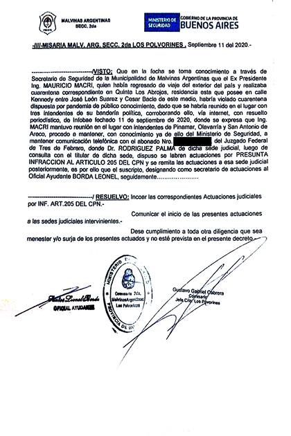 La denuncia policial que dio inicio a la causa contra Mauricio Macri sostiene que la información de la presunta violación de la cuarentena la aportó la Municipalidad de Malvinas Argentinas