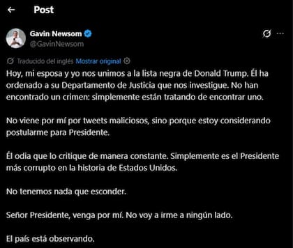 La denuncia pública de Gavin Newsom contra Trump