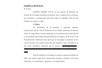 La denuncia que presentó el Gobierno de la Ciudad ante el Ministerio Público Fiscal (MPF) tras la viralización del video