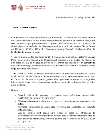La dependencia mexicana no negó los hechos dados a conocer por el Departamento de Justicia. Captura de pantalla X @C5_CDMX