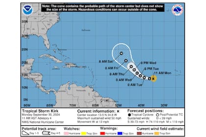 La Depresión Tropical Doce actualmente se encuentra a alrededor de 1.120 kilómetros al oeste de las Islas de Cabo Verde y se espera que se fortalezca durante los próximos días hasta convertirse en el huracán Kirk