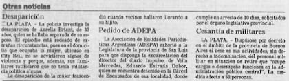La desaparición de Aurelia Briant llega a los diarios; la primera noticia fue publicada el 13 de julio de 1984