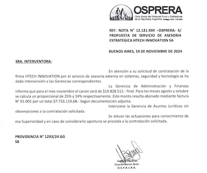 La designación de HTECH por parte de la intervención estatal en Osprera: la empresa presentó su factura número 1