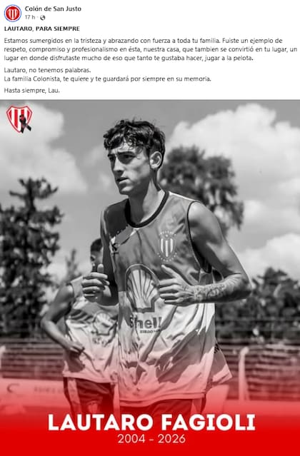 La despedida de Colón de San Justo a Lautaro Fagioli, el futbolista de 22 años que murió tras sufrir un ACV