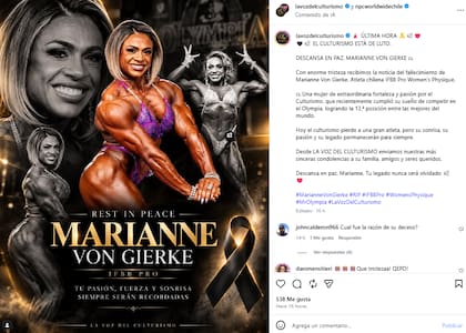 La despedida en redes sociales para la fisicoculturista chilena Marianne von Gierke (Foto: Instragram @lavozdelculturismo / @npcworldwidechile)