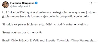 La diputada Florencia Carignano sostuvo que el DNU es "irónico" dado que el Gobierno "hace de los mensajes del odio una política de Estado"