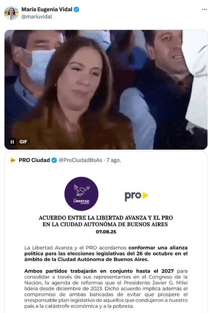La diputada respondió con su publicación al anuncio del acuerdo hecho por la cuenta oficial de Pro Ciudad (X: @ProCiudadBsAs)