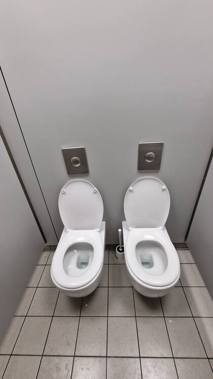 La disposición de estos inodoros está pensada para que los padres puedan ir al baño con sus hijos