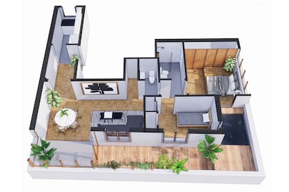 La distribución original tenía cocina y baño completo al sur, living-comedor y dos dormitorios abriéndose hacia la terraza en L. Al avanzar con el dormitorio principal hacia el exterior, se pudo desplazar el baño completo y generar un toilette y un lavadero contiguo.