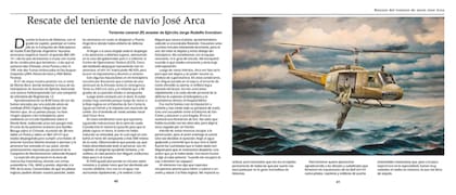 La doble página de "Malvinas 40 años", donde el relato de Jorge Svendsen, en primera persona, convive con la pintura de García. El sitio web del artista www.aviationart.com.ar
