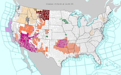 La dorsal de alta presión mantendrá temperaturas máximas de entre 110°F y 120°F (43°C y 49°C) en amplias zonas del suroeste del país norteamericano