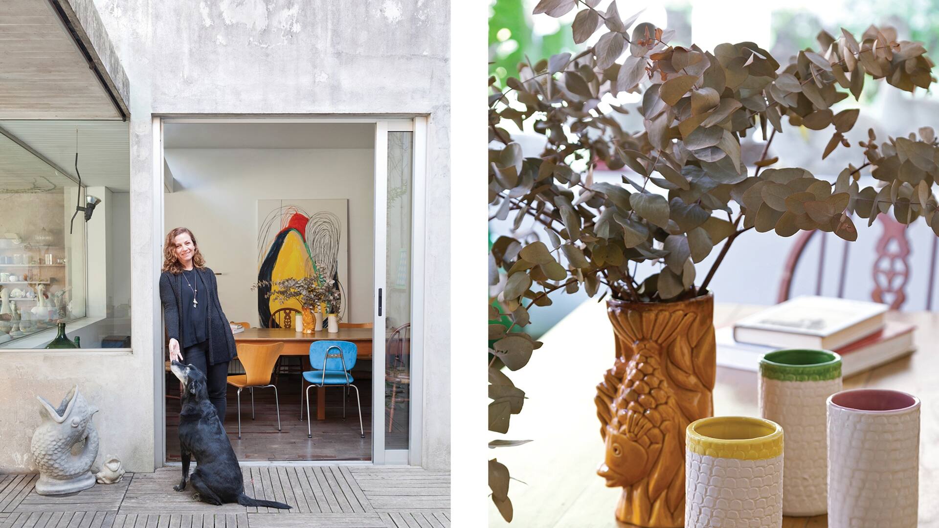 La dueña de casa con Paca, su fiel compañera, en la entrada –cuya puerta corre por dentro de la pared-, desde la galería hacia el living comedor. Los paños fijos en ángulo recto prolongan la vista desde el interior hacia el jardín.