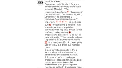 La dueña del restaurante MÖOI explicó qué quiso decir con la polémica oferta laboral que se viralizó en las redes