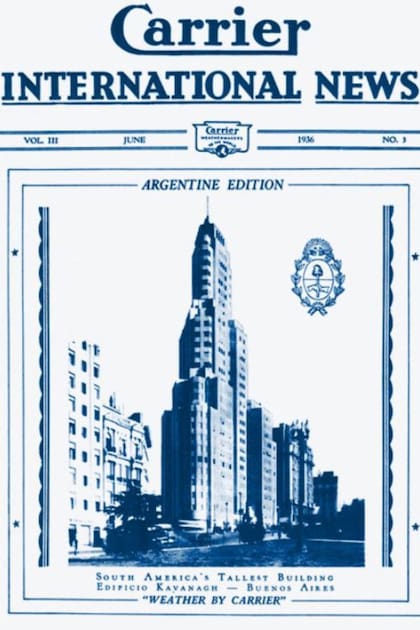 La edición argentina de la revista de la empresa Carrier, con el edificio Kavanagh de Retiro en la portada