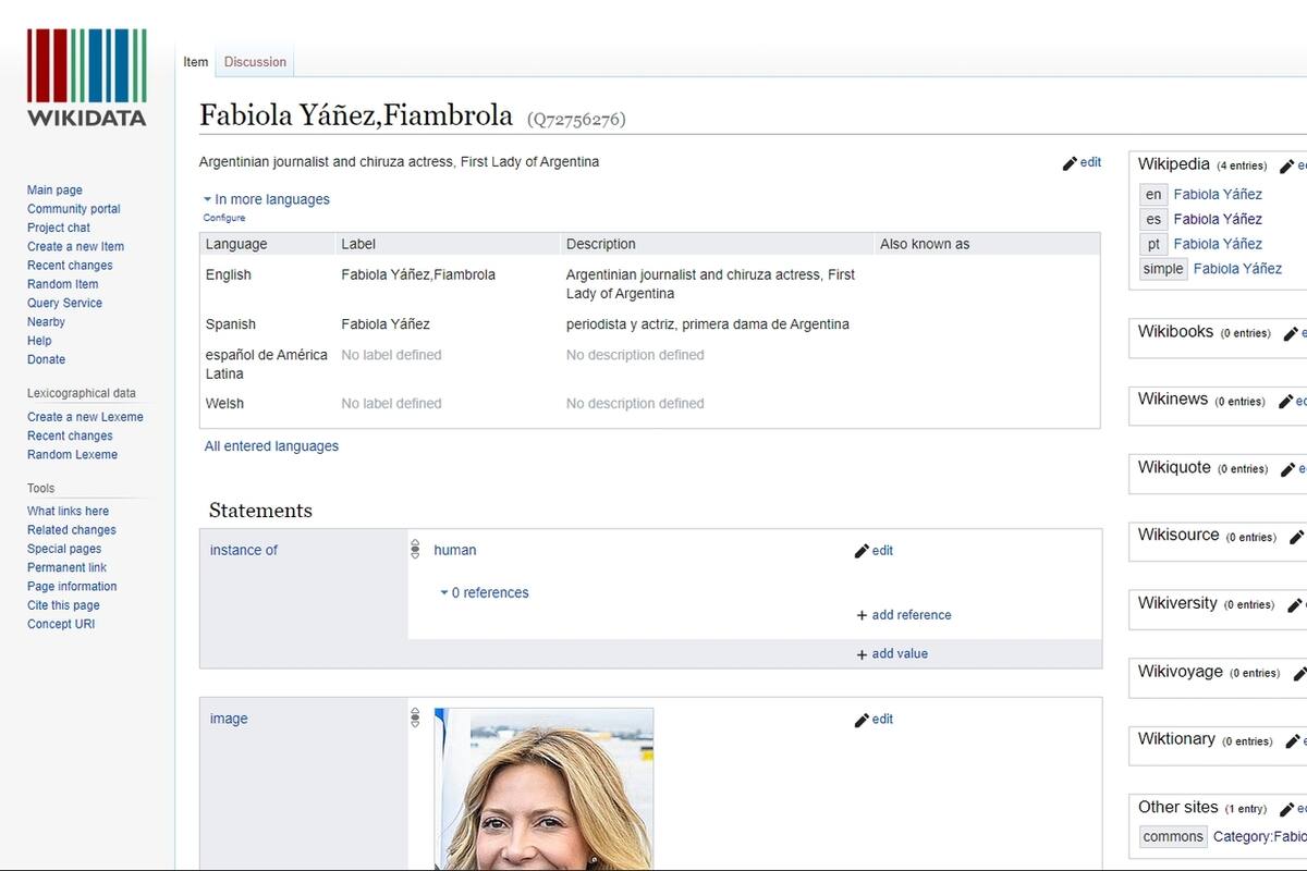 La edición del artículo sobre Faiola Yáñez en Wikidata donde aparece como Fiambrola