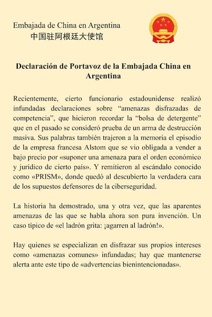 La embajada china respondió cada advertencia de Lamelas con comunicados de su portavoz