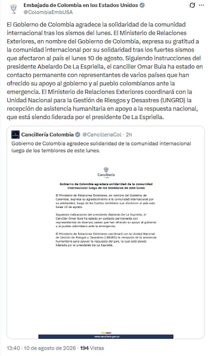 La Embajada de Colombia en Estados Unidos mostró su agradecimiento a la comunidad internacional tras los sismos