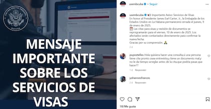 La Embajada de EE.UU. en Cuba emitió un comunicado en el que informó sobre el cierre de sus oficinas el 9 de enero