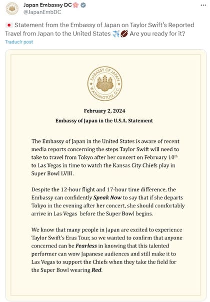 La Embajada de Japón en EE.UU. compartió un mensaje al respecto del viaje de Swift hasta Las Vegas