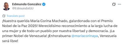 La emoción de Edmundo González luego de que María Corina Machado gane el Premio Nobel de la Paz (Fuente: EdmundoGU)
