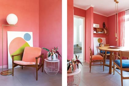 La emoción feliz que le provoca el rosa a la diseñadora @carina.michelli determinó su uso en este espacio donde trabaja cotidianamente.