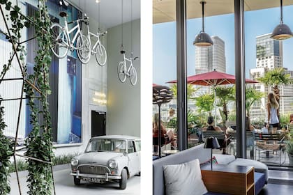 La entrada apta para todo público lleva hasta el piso 10, donde están el Monkey Bar y su codiciada terraza, y el restaurante Neni. Un viejo Mini de 1959 se convirtió en "mostrador".