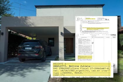 La entrada del lote 380 del country Indio Cua y los documentos del registro de propiedad, donde se ve que está a nombre de la esposa de Manuel Adorni; el auto de la imagen es el declarado por el jefe de Gabinete