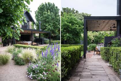 La entrada en la casa se ordenó con cercos bajos de buxus que, además, van delimitando los sectores y caminos, proporcionando estructura al diseño.