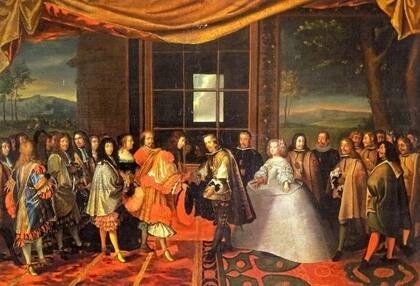 La entrevista de Luis XIV y Felipe IV en la Isla de los Faisanes, óleo de Jacques Laumosnier, 1660