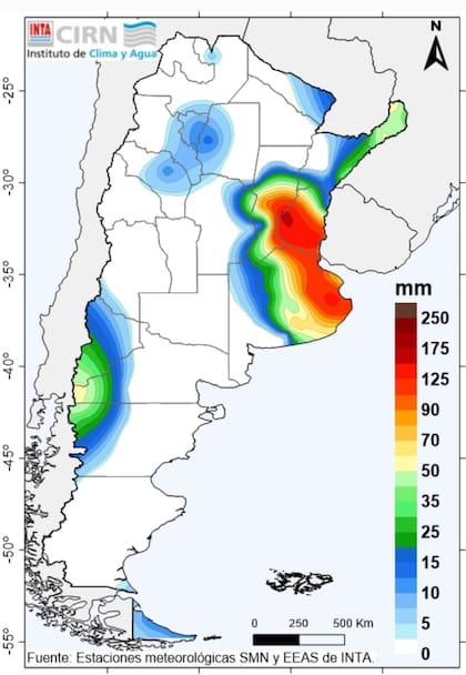 La escala muestra los milímetros que se acumularon por las últimas precipitaciones