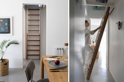 La escalera se pone contra la pared cuando no se usa, y no molesta a la vista desde el comedor.