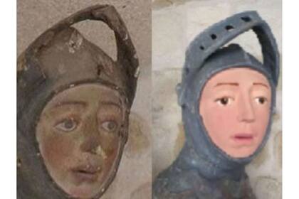La estatua de San Jorge antes y después de la restauración; es una figura tallada en madera en el siglo XVI, y que está en la iglesia de San Miguel de Estella