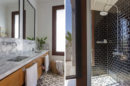 La estética vintage de los pisos calcáreos (Cía. Argentina de Pisos) se compensó con los azulejos ‘Subway’ negros (Barugel). Mueble (Claudio Manna). Mesada (CMC Mármoles). Sanitarios (Ferrum). Grifería (Robinet).
