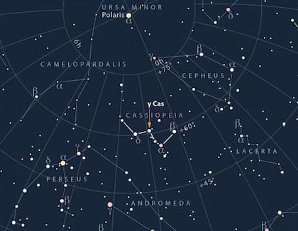 La estrella gamma-Cas (γ-Cas) forma el centro de la constelación de Casiopea, con su característica forma de "W". Ubicada cerca de la estrella polar Polaris, es visible cada noche para los observadores del hemisferio norte. Esta estrella, que gira rápidamente, expulsa un disco giratorio de materia, lo que provoca variaciones en su brillo. Los telescopios pequeños revelan este parpadeo, convirtiéndola en un objetivo popular para los astrónomos aficionados. — Foto: Astronomy Now/Greg Smye-Rums