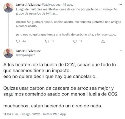 La explicación del funcionario porteño sobre su tuit de la huella de carbono del asado (Foto: Captura de Twitter)