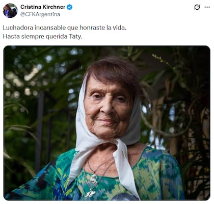 La expresidenta, Cristina Kirchner, despidió a Taty Almeida en redes sociales