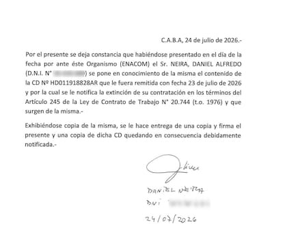 La extinción del contrato de trabajo de Neira con el Enacom