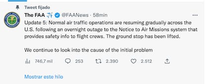 La FAA anuncia que las aerolíneas comenzaron a restaurar sus operaciones