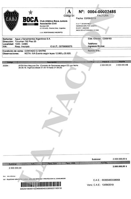 La factura que Boca emitió a nombre de AySA