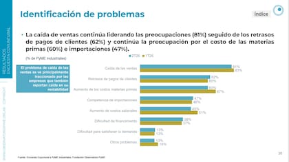 La falta de ventas continúa, por amplio margen, como la principal preocupación: fue señalada por el 81% de las pymes industriales. Le siguen los retrasos en los pagos de clientes (62%) y el aumento del costo de las materias primas (60%).