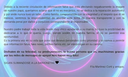 La familia de Darío emitió un comunicado junto a imágenes del participante (Foto: Instagram/@dariomartinezcorti)