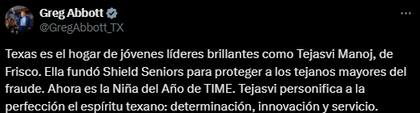 La felicitación de Greg Abbot para Tejasvi Manoj
