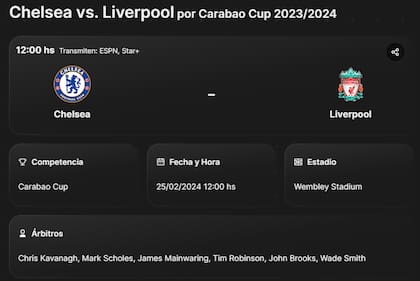 La ficha de la final de la Carabao Cup entre Chelsea y Liverpool en Wembley
