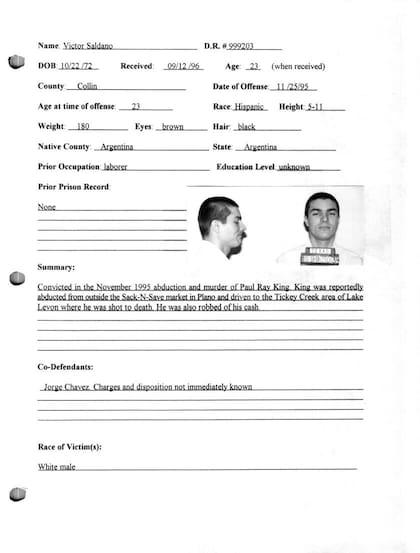 La ficha de Víctor Saldaño en el Departamento de Justicia de Texas