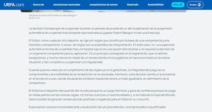 La FIFA "cruzó una línea roja" al levantarle la suspensión a Balogun, dice la UEFA.