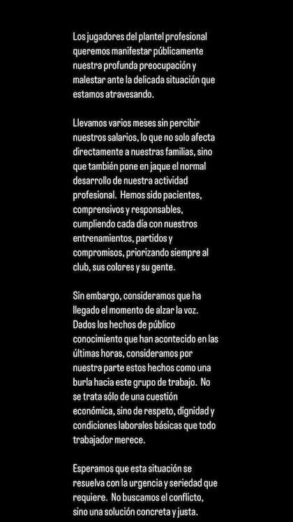 La figura de San Lorenzo, Iker Muniain, compartió la carta de los jugadores en su cuenta de Instagram