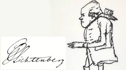 La firma de Lichtenberg y un dibujo que aparece en un imán, que se vende como souvenir en Gotinga, Alemania (Crédito: BBC Mundo)